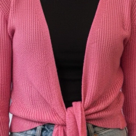 Hyped Unicorn Pink Front Tie Knot Long Sleeve Knit Cropped Cardigan Size S/M NWT - Picture 2 of 9